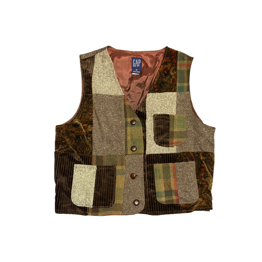 Gap Vintage Patchwork Vest Brown Tweed Corduroy Plaid Paisley Multi-Texture M